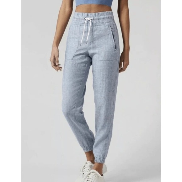 Athleta Pants - Athleta Cabo 100% Linen Jogger Pants Chambray Blue Resort Beach Zip Pockets 6